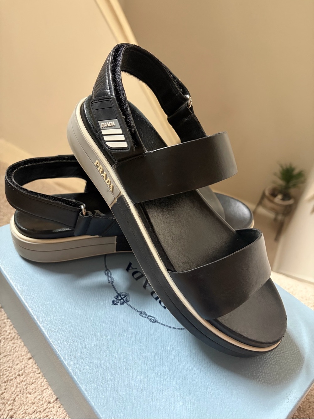 Prada Black Leather Dual-Band Slingback Sandals